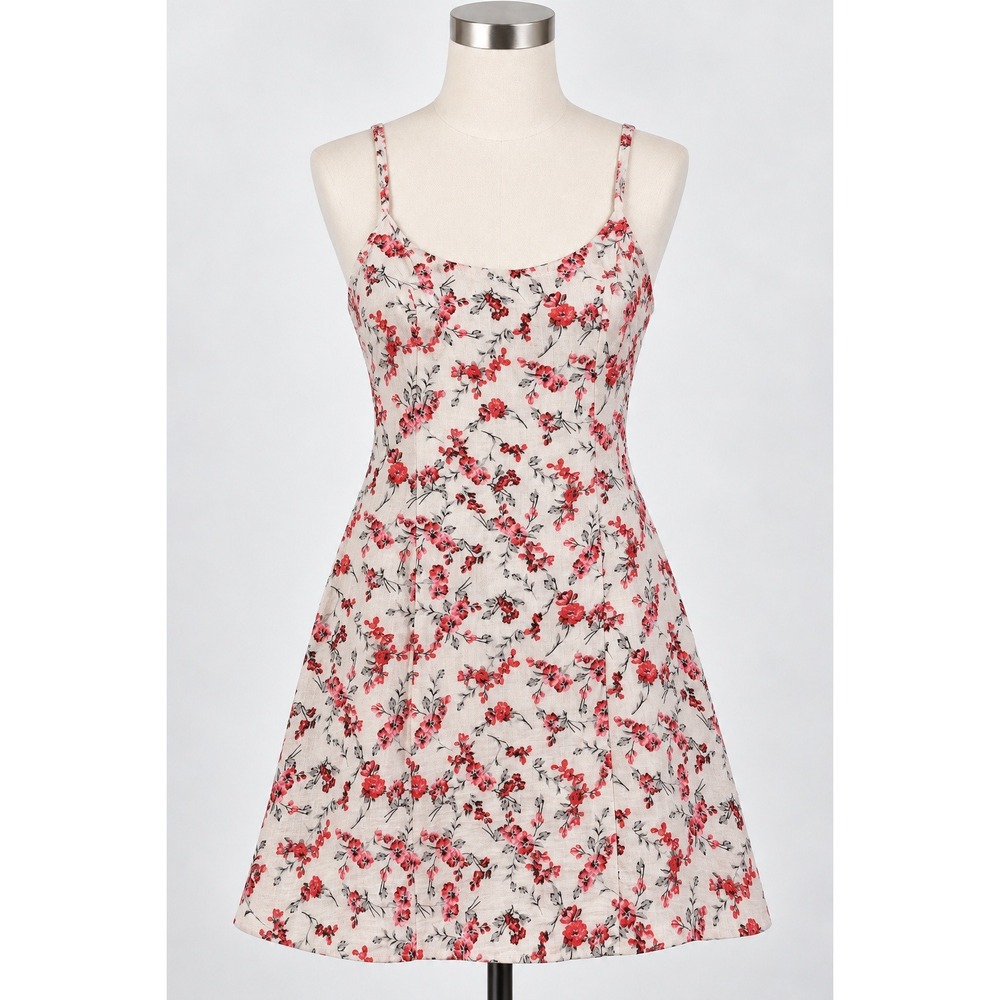 Cottagecore Floral Mini Linen Blend Dress Red Cream Smocked Back Size 12